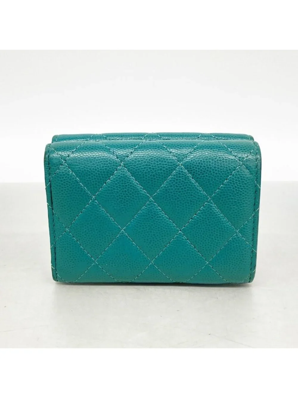 Chanel Trifold Wallet Quilted Caviar Leather Green Champagne Gold